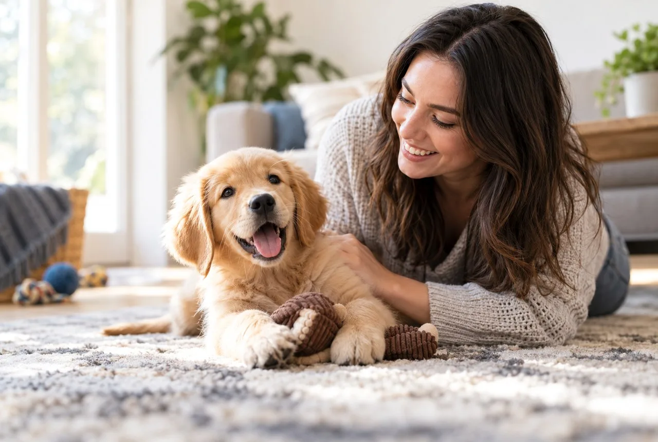 Young-looking golden-colored dog playing beside its owner at home